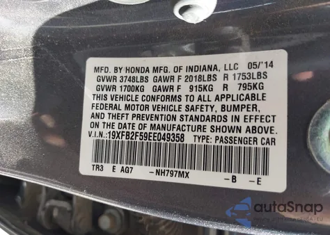 2014 Honda Civic Lx z USA, uszkodzony, nr VIN 19XFB2F59EE049358